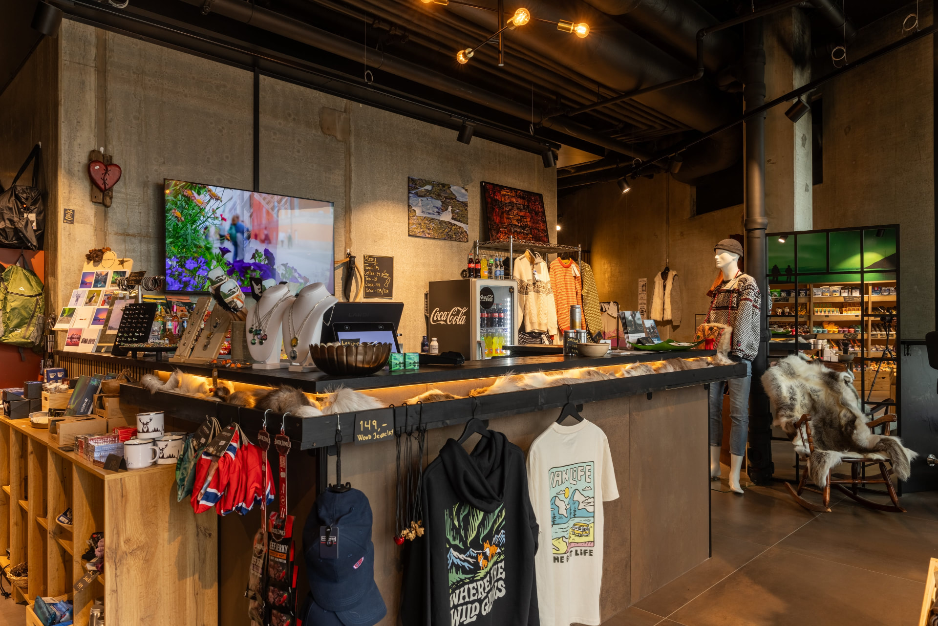 Interior of The Gift Box at Vervet in Tromsø with gifts, knitwear, jewellery and reindeer hides